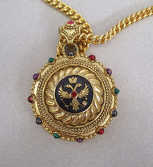 JOAN RIVERS Enamel Imperial Double Head Eagle Necklace Signed 28 in. Vintage