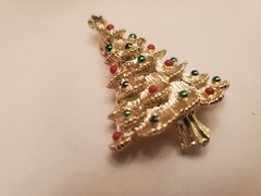 Vintage Holiday Brooch Features Tiered Gold-Tone Branches Decorated With Red And
