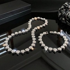 Diamond Tennis Heart Chain & Necklace & Bracelet Cuban Link Jewelry Set f/Women