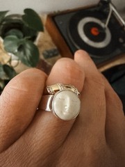 Vintage Sajen Moon Face Ring Sterling Silver 925 Carved White Agate Size 7.5