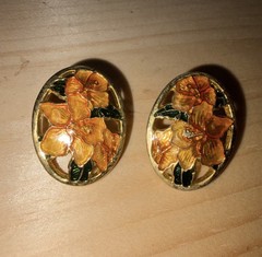 Vintage Enamel Orchid/Hibiscus Peach and Gold Earrings Post Back