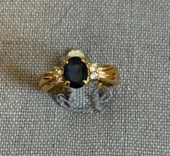 Vintage Gold Plated Dark Blue Faux Sapphire & CZ Ring Size 7