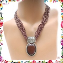 Vtg Multi Strand Brown Seed Bead Collar Necklace Oval Pendant Silver Tone Frame