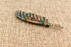 Crystal C-clasp Feather Leaf Pin Brooch VTG Cast Metal Multi Color Antique