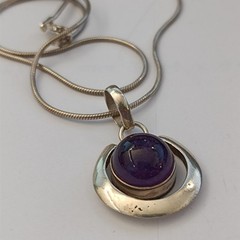 Sterling Silver Minimalist Necklace Modernist Solid Purple Stone Men Women VTG