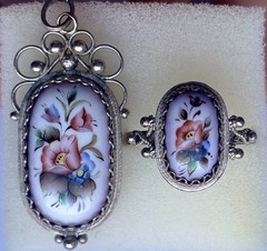 Vintage Rostov Finift Enamel Pendant & Ring Floral Hand-Painted Silver Plated