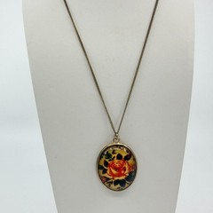 Vintage Russian Khokhloma Style Oval Rose Pendant Necklace Hand Painted Floral