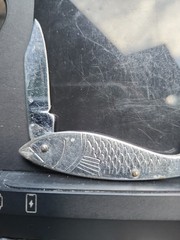 Unusual Vintage Knife Silver Fish Pendant Details Opens To Knife Hallmark