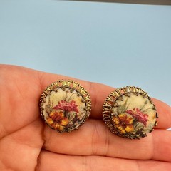 Vintage West Germany Earrings Sugared Florals Gold Tone Filigree Round Clip On