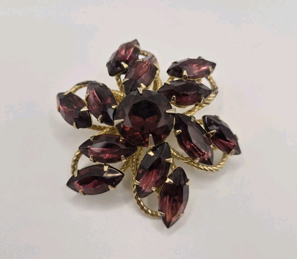 Vintage Signed Judy Lee Purple Marquise Rhinestone Flower Brooch Gold Tone Pin