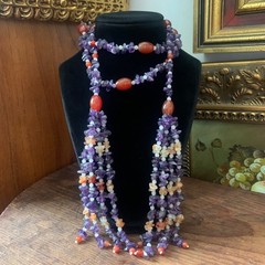 Vintage Wrap Lariat Tassel Necklace Amethyst Carnelian Rose Quartz 52″ Estate