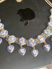 Vintage Persian Necklace Blue Enamel Panels Linked Scenic Birds Middle Eastern