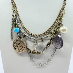 VTG Multi Strand Charm Necklace Bronze & Silver Tone Layered Boho Crystal Retro