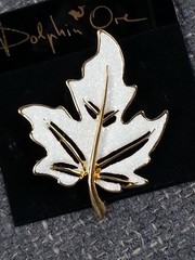 Dolphin One Leaf Fall Brooch Pin Autumn Goldtone