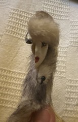 Vintage ‘Porcelain’ Lady’s Face Brooch, 5” Real Rabbit Fur Hat Profile Doll Pin