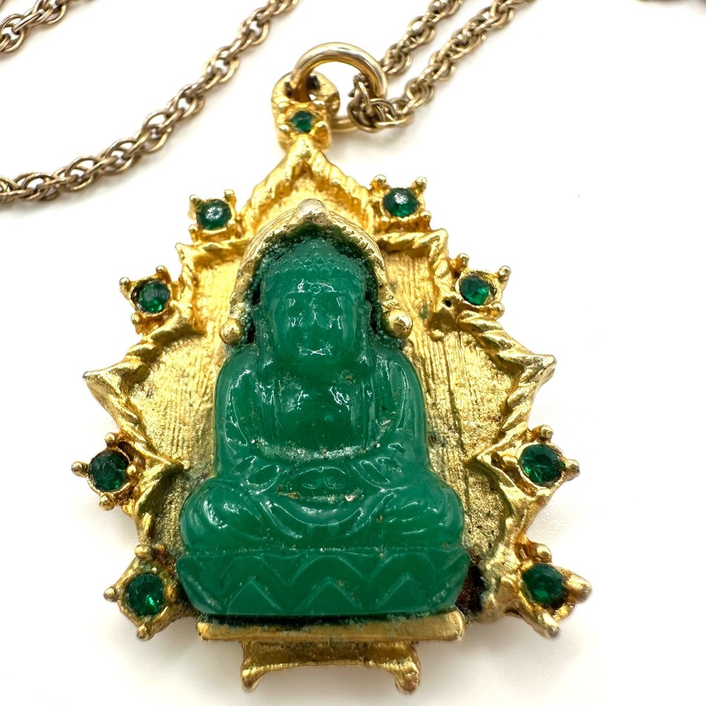 Vintage gold tone green faux jade art glass Buddha pendant 24″ chain necklace
