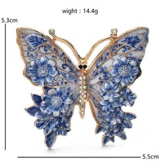 Blue White Floral Butterfly Brooch Enamel Rhinestone Art Pottery Style Pin