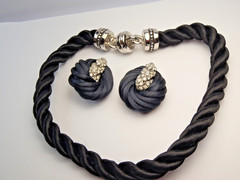 Vintage Twisted Black Cord Push Snap Lock Choker and Clip on Earring Set