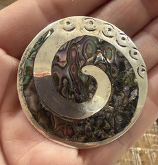 Vintage Midcentury Mexican Abalone Brooch Pendant– Spiral Modernist Design 925