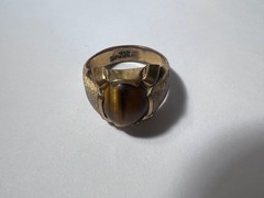 Vintage Mens Size 9 Tiger Eye Ring Gold Plated Maker Mark Gold Tone