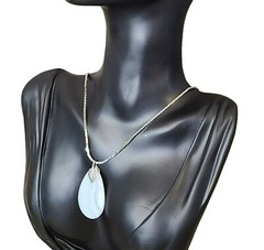 Vintage Natural Stone Ivory Silvertone 28″ Chain 1.75″ Gemstone Pendant Necklace