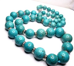 Vintage Turquoise Howlite Necklace BIG Bead Long Heavy