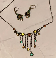 Cookie Lee Vintage Rhinestone Bronze Multicolored Signed Earrings & Necklace Set