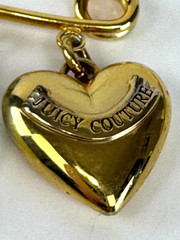 Juicy Couture Stamped Gold Tone Safety Pin Brooch Pin Fruit J Heart Charms Auth