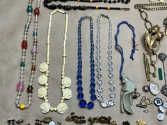Nice Lot of Antique Jewelry – Glass Beads, Rhinestones, Hand Carved