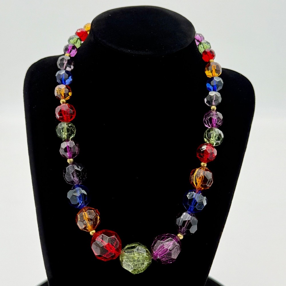 VTG Jewel Tone Bead Necklace Cut Multi Color Blue Green Red Purple Acrylic 18″L