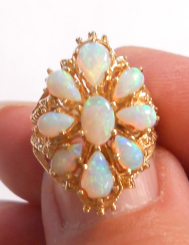Pear Oval Fiery Colors Opal 14K Yellow Gold Ring Size 4 Ornate Openwork Setting