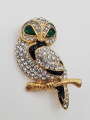 Vintage Jewelry Brooch Pin Owl Green Rhinestone Crystal Bird Women Accessory