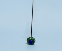 Antique Victorian Peacock Eye Glass Hat Pin Blue Green Foil Art Nouveau 8 inch