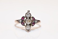 Antique Circa 1900s 8k Gold Natural Old Cut Diamond And Ruby Navette Ring
