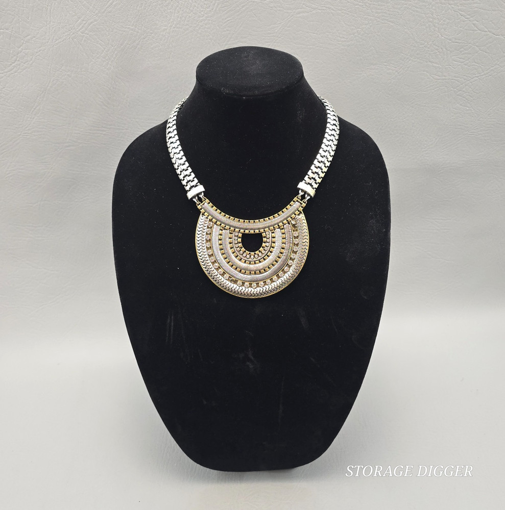 VTG Gold Silver Tone Metal Clear Rhinestones Bib 20″ Necklace, Lobster Closure