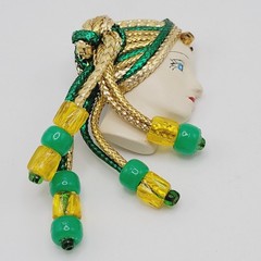 Lady Face Hand Painted Resin Braided Bead Long Hair Art Deco Revival Brooch Pin