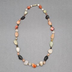 Vintage Multi Gemstone Beggar Bead Necklace 20″ Natural Stone Brass Accents