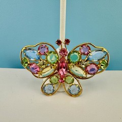 Vintage Butterfly Brooch Earrings Set Open Back Crystal Pastel Pink Green Blue