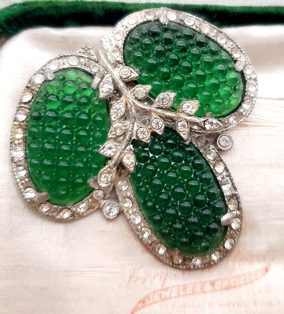 Vintage Antique Art Deco Green Waffle Glass Pot Metal Rhinestone Brooch HTF