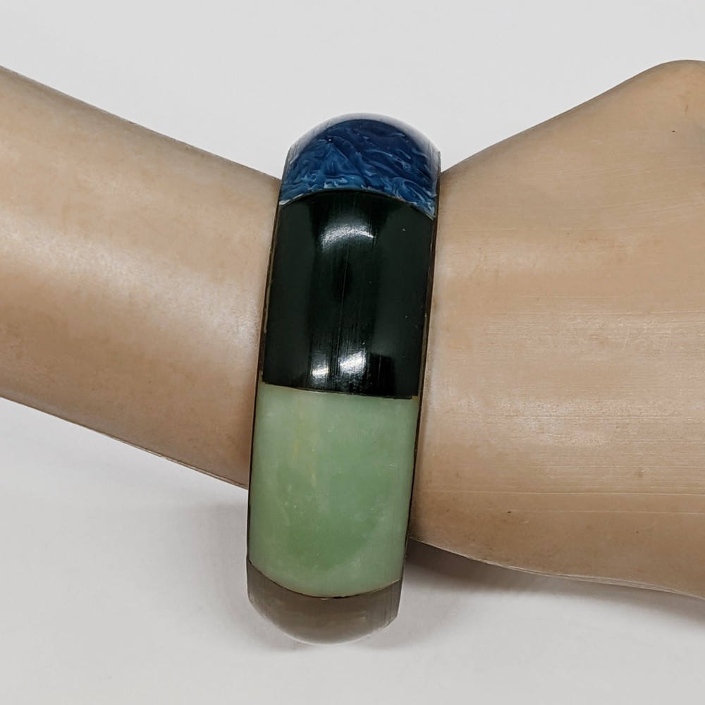 Vintage Chunky Brass Bangle Bracelet Color Block Resin Inlay Green Blue Brown