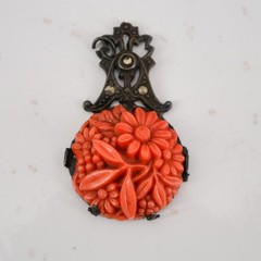 3.9g Czech Art Deco Coral Glass Floral Marcasite 925 Sterling Pendant 1.25in