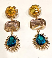 Big Glass Earrings Vintage DANGLE DROP Chunky Pierced Topaz Pink Green Golden