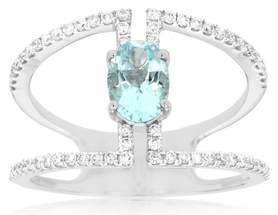 ESTATE WIDE 1.03CT DIAMOND & AAA AQUAMARINE 14K WHITE GOLD OVAL & ROUND FUN RING