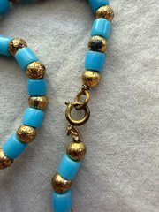 1920s Art Deco Czech Turquoise Glass Bead & Brass Necklace 56″ Flapper Strand