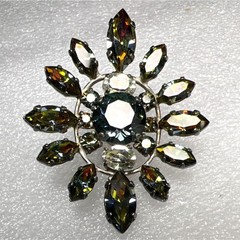 Vintage Watermelon Rhinestone Brooch Pin Faceted Sunburst Silver Tone