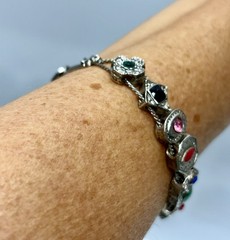 VTG Victorian Revival Slider Charm Bracelet Silvertone Rhinestones Enamel 7 1/4″