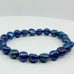 Vintage Blue Peacock Baroque Pearl Stretch Bracelet – Iridescent Boho Charm