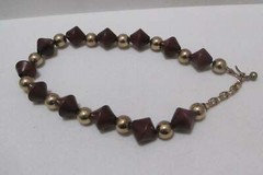 Vtg WOOD Dark Brown Bi-Cone Beads Gold Tone Round Beads Necklace Max 16”