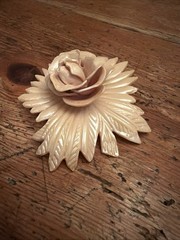 Vintage Hand Carved Ivory Celluloid Plastic Rose Flower Brooch Pin Dusty Rose