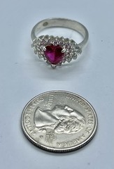 Vintage Heart Shaped Pinkish Red & Clear Cubic Zirconia Sterling Ring Size 9 1/4